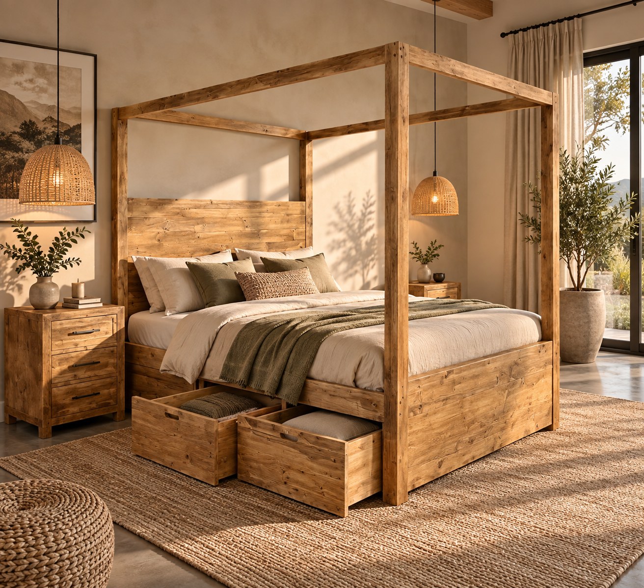 Wooden canopy bed with built-in storage drawers