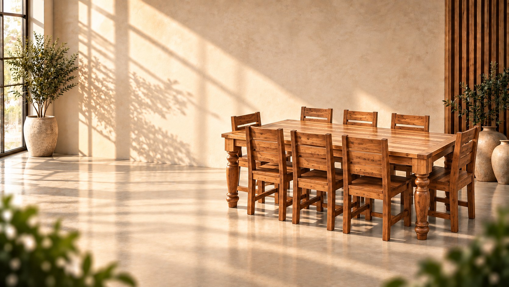 Sunlit dining table and chairs in a bright showroom
