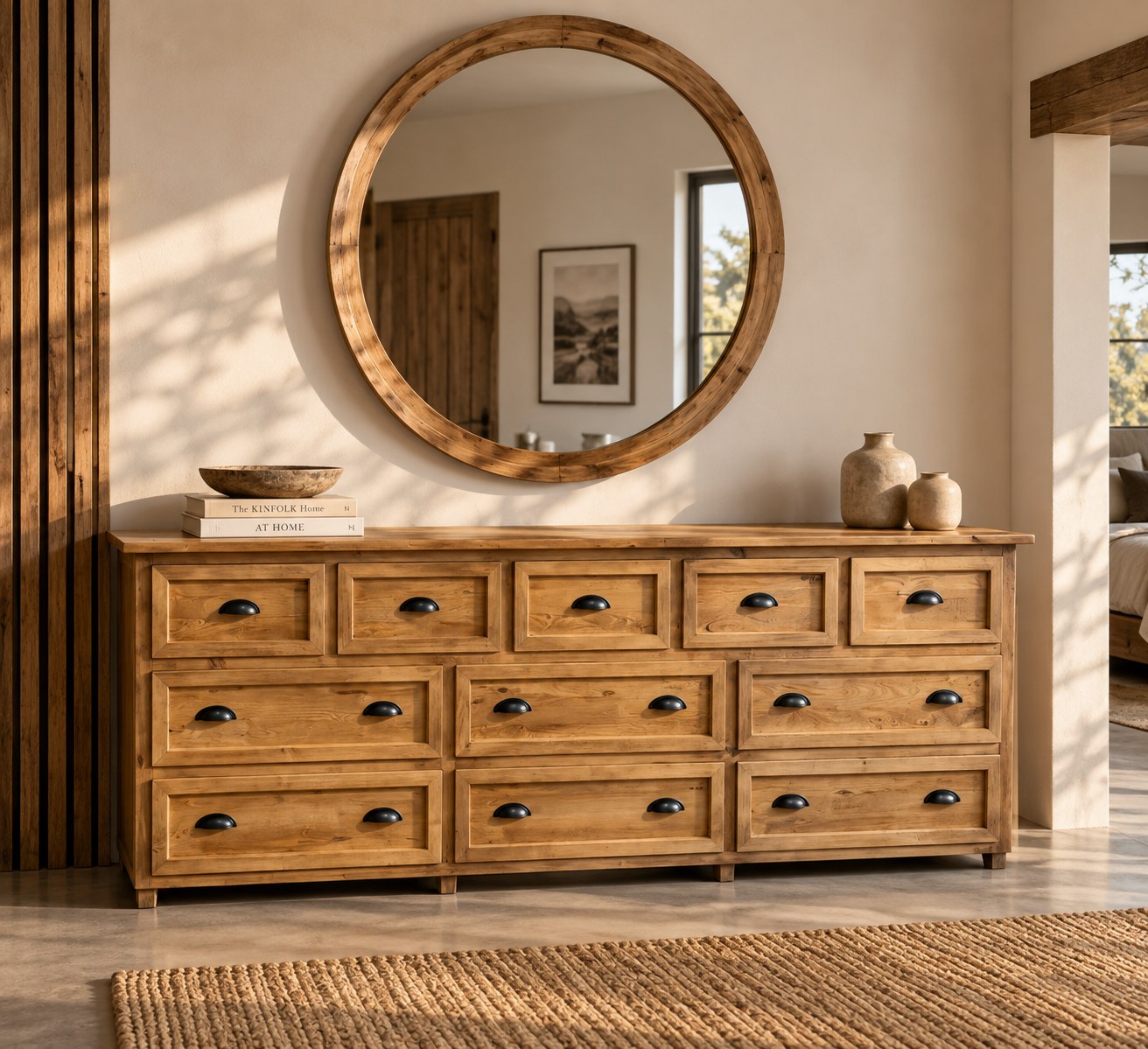Wooden dresser with a round mirror above it