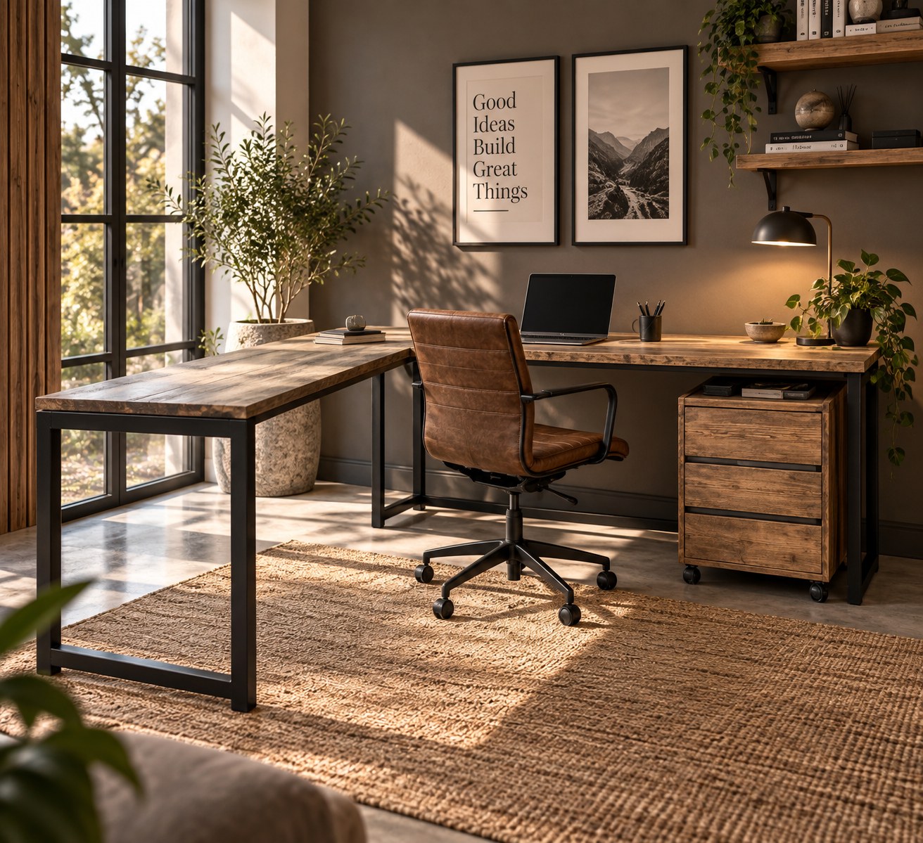 Wooden L-shaped office desk with a chair and drawer unit
