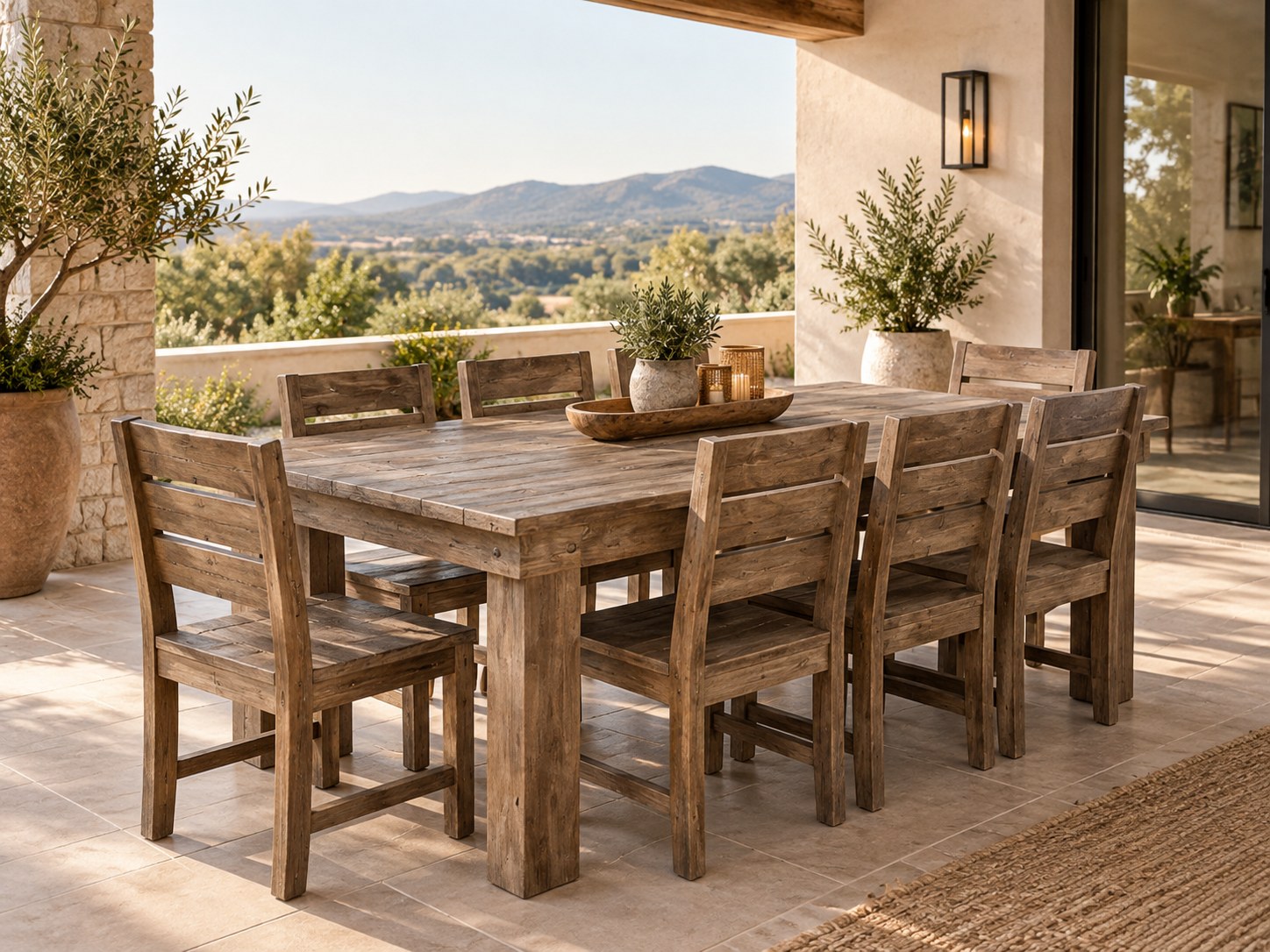 Outdoor wooden dining table and chairs overlooking hills