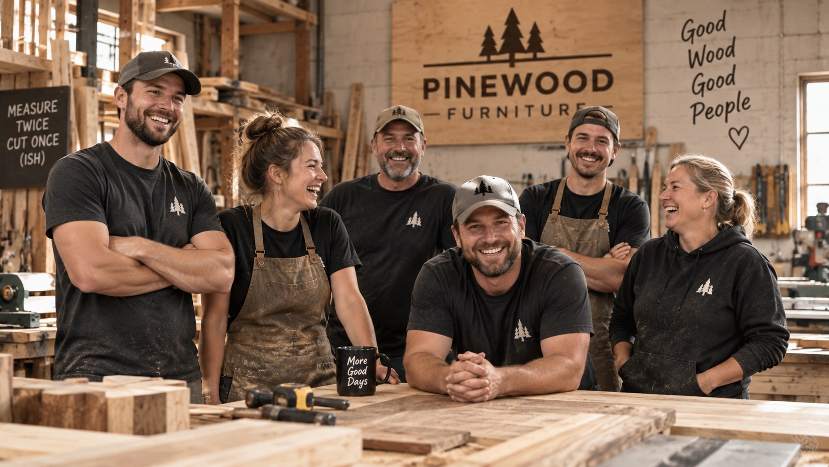 The Deeds Pine Creations workshop team smiling together